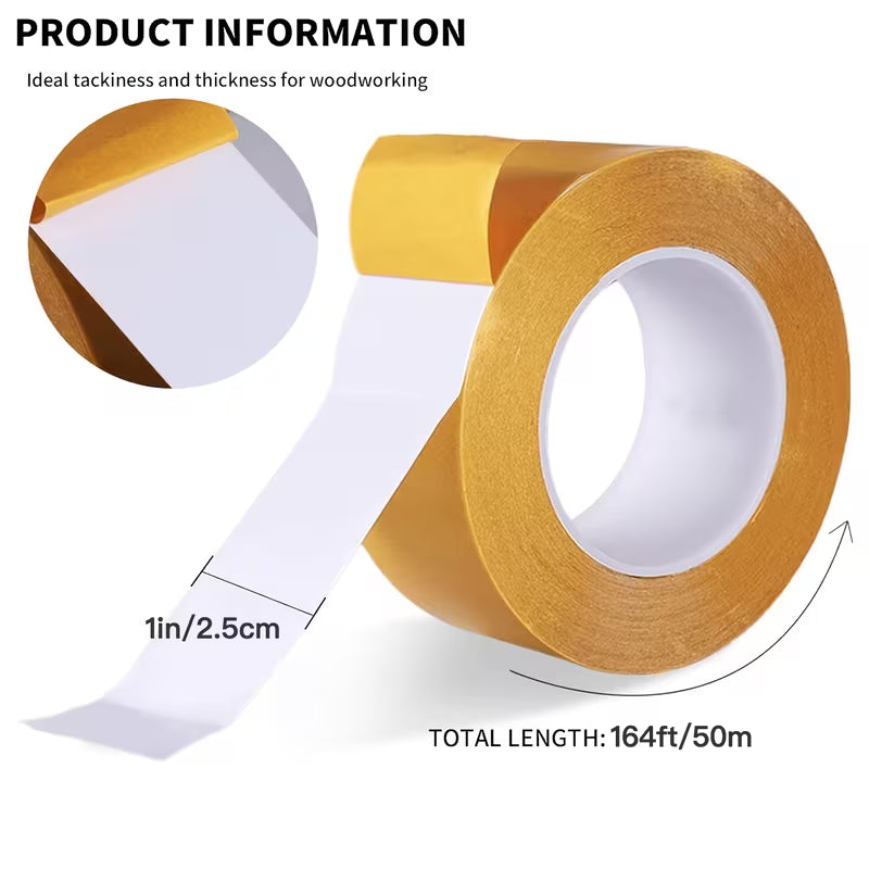Double Sided Woodworking Tape 1" x 164ft | Heavy Duty, Residue-Free Template Tape (2.5cm x 50m)