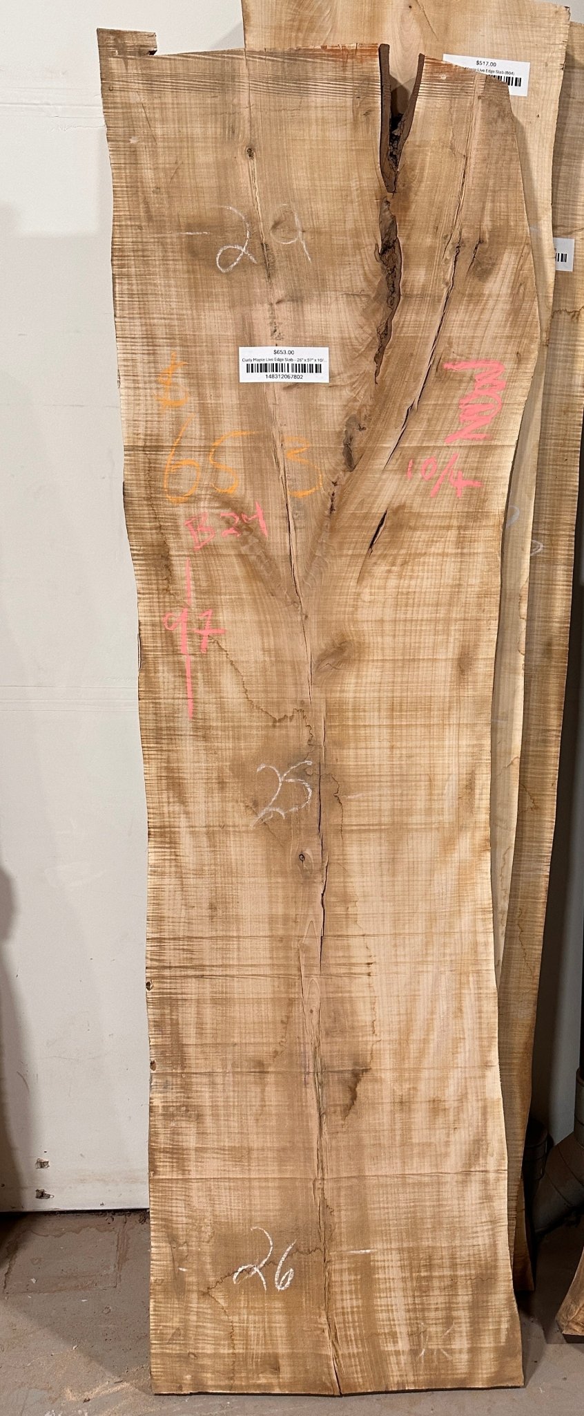 Curly Maple Live Edge Slab – 26" x 97" x 10/4 (B24) - Kingma Lumber