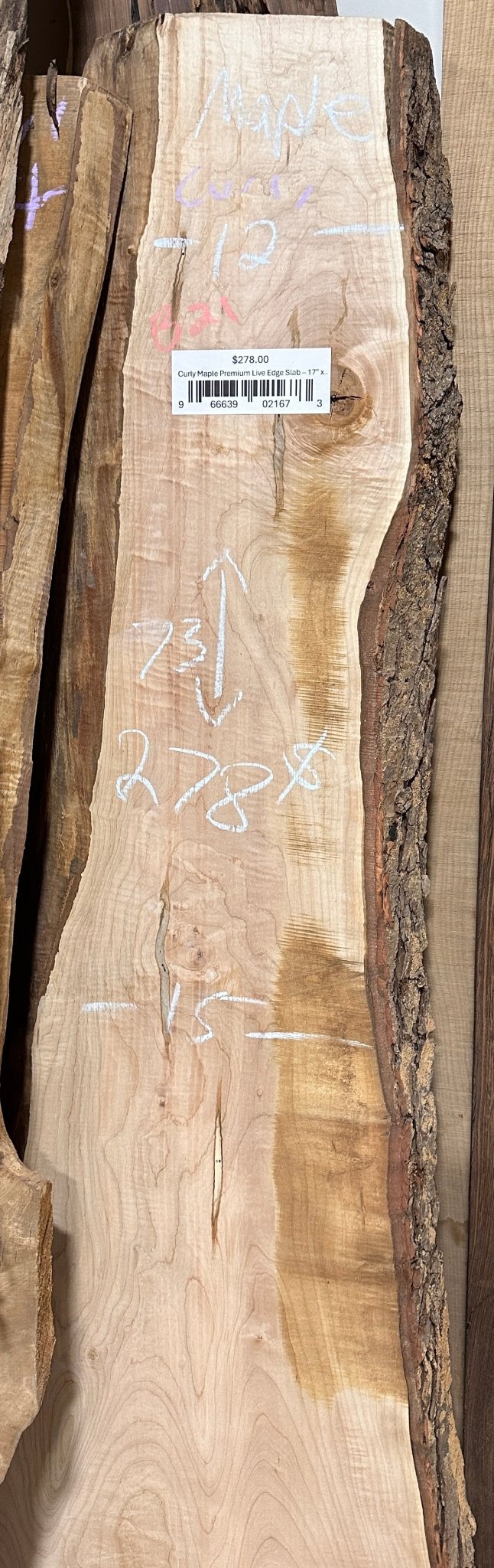 Curly Maple Premium Live Edge Slab – 17" x 73" x 8/4 (B21) - Kingma Lumber