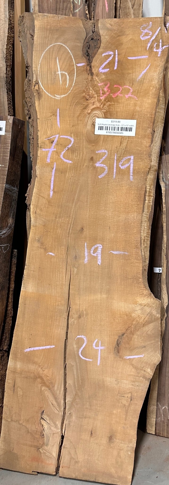 Soft Maple Live Edge Slab – 22" x 72" x 8/4 (B22) - Kingma Lumber