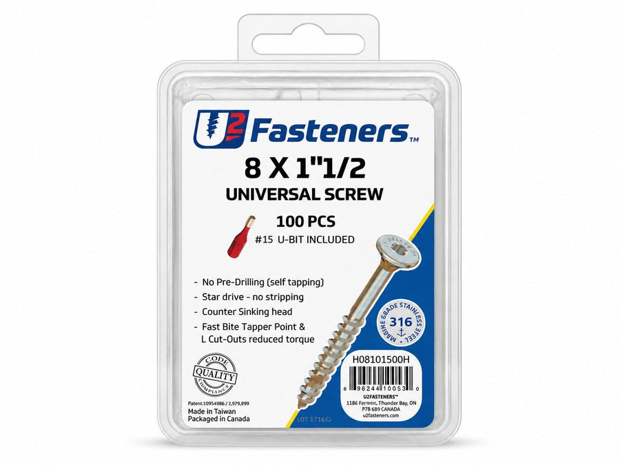 U2 Universal Stainless 316 Cedar Screw 8 x 1 1/2" - Pail (100pc) - Kingma Lumber Edmonton